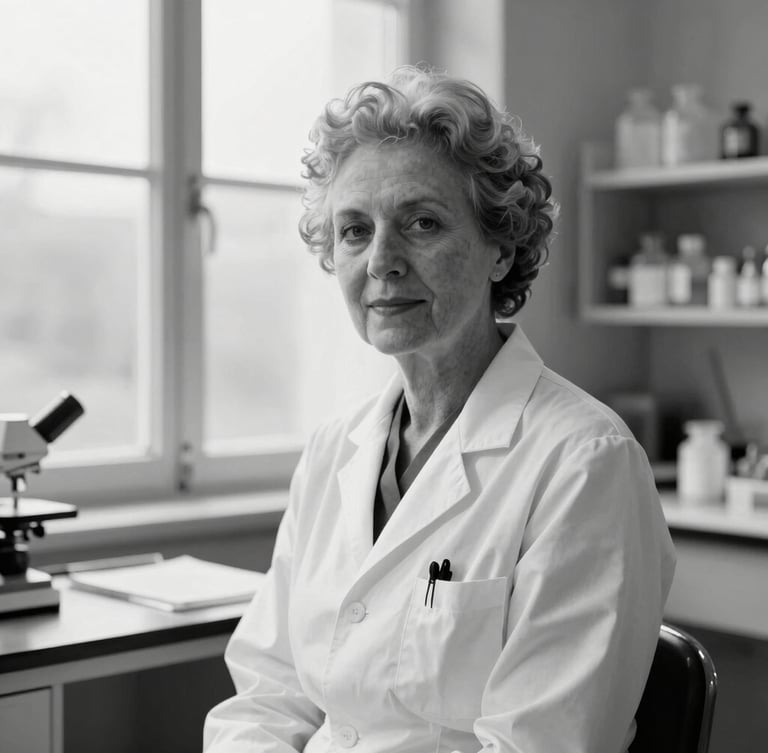 Sophisticated black and white portrait of an elegant medical pioneer in a modern sunlit laboratory, natural light, high contrast, 35mm