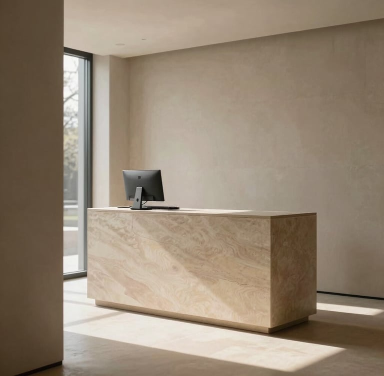 Elegant minimalist architectural clinic interior, soft natural window light casting long shadows, warm neutral stone and timber textures, 35mm photography