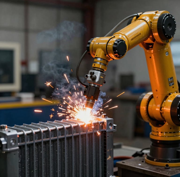 Close-up of a robotic welding arm fusing heavy steel radiator fins, dramatic orange arc-glow, dark industrial background, sharp technical focus.