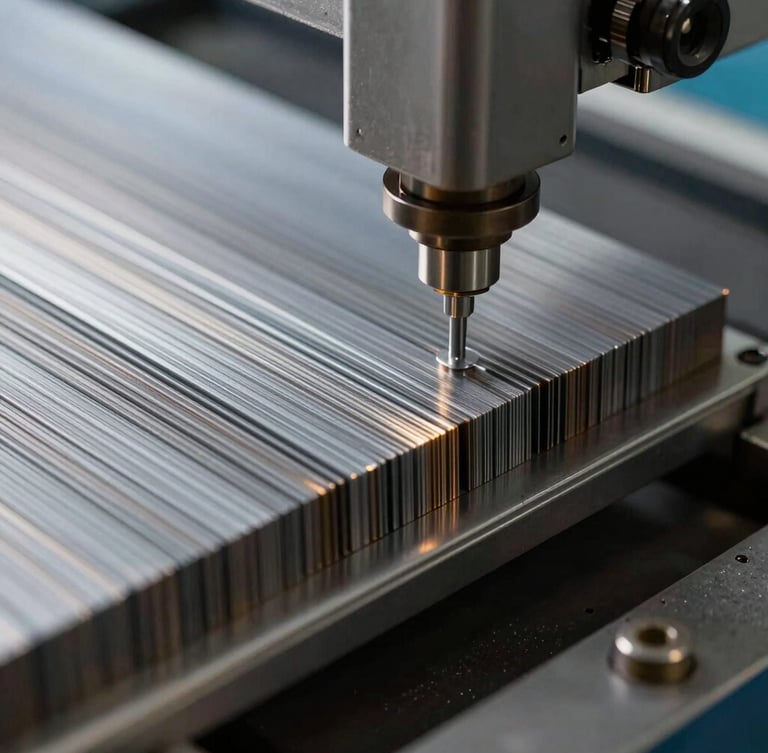Macro close-up of thin grain-oriented silicon steel laminations being stacked precisely by an automated arm, high-contrast industrial lighting catching the metallic edges.