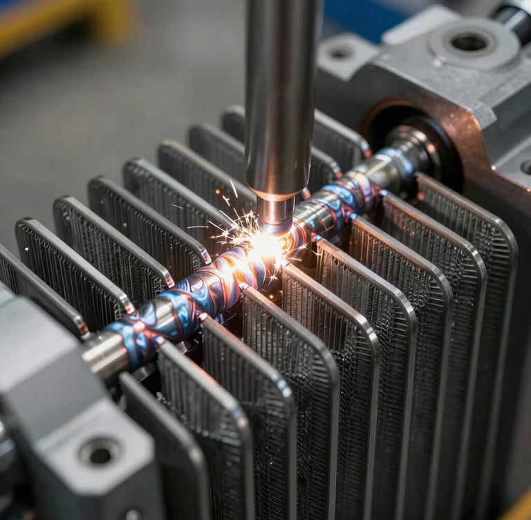 Close-up of industrial transformer radiator fins being precision welded, bright arc-glow, metallic textures