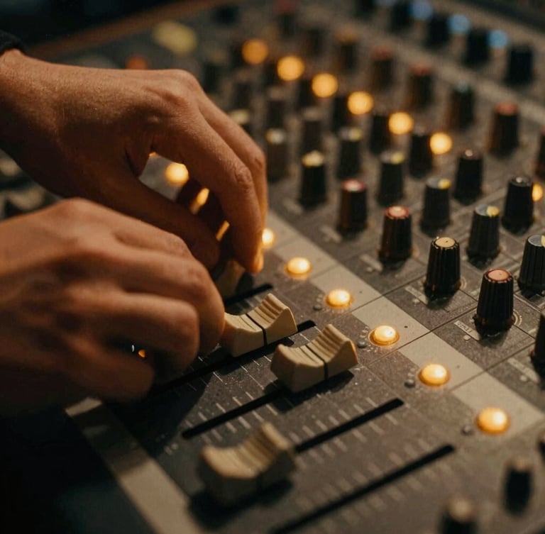 Extreme close-up of hands adjusting faders on a vintage analog mixing console, warm amber indicator lights glowing, deep shadows, 35mm film grain