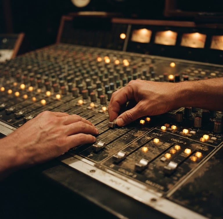 Hands adjusting faders on a vintage mixing console, warm amber indicator lights glowing in a dimly lit studio, extreme close-up, 35mm film grain, tactile textures