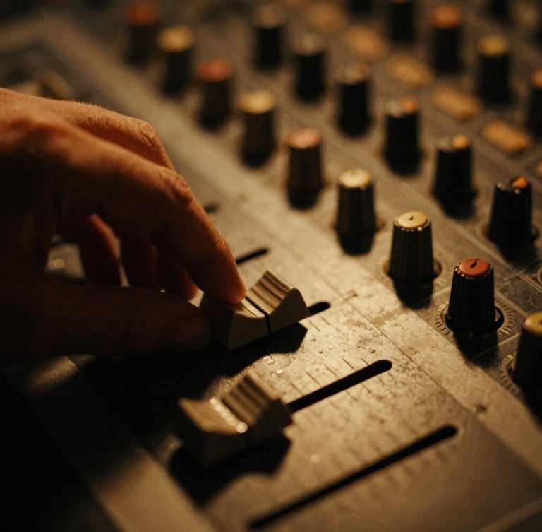 Extreme close-up of a hand adjusting a fader on a vintage mixing console, warm amber light glinting off the metal, deep shadows, tactile, 35mm film grain.