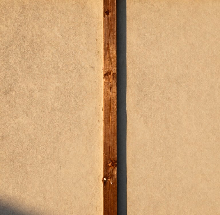 Straight-on architectural elevation of a raw timber joint meeting textured plaster, natural golden-hour sunlight highlighting the tactile transition, medium format film style.