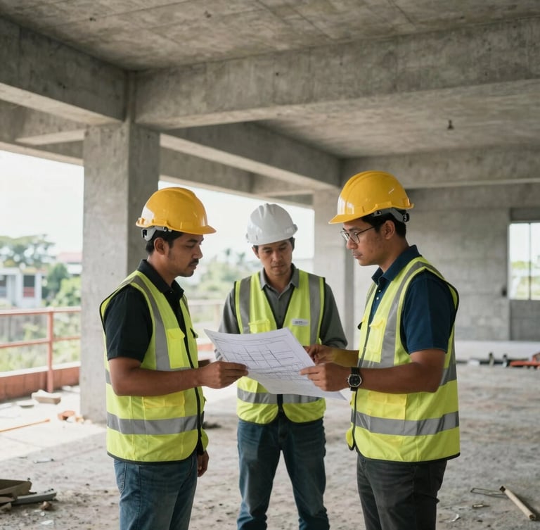 Wide-angle on-site photo of a Singaporean M&E project director in safety gear reviewing technical shop drawings with engineers in a half-constructed concrete utility room, natural daylight filtering through.