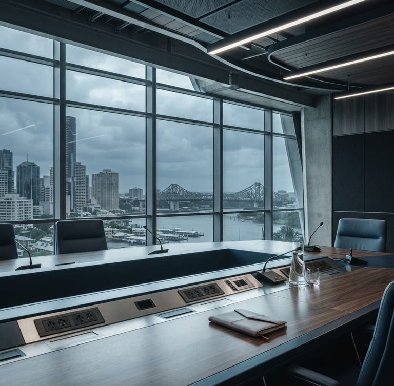 Architectural crop of a modern corporate boardroom in Brisbane, cool overcast daylight, steel blue tones, high-end editorial style