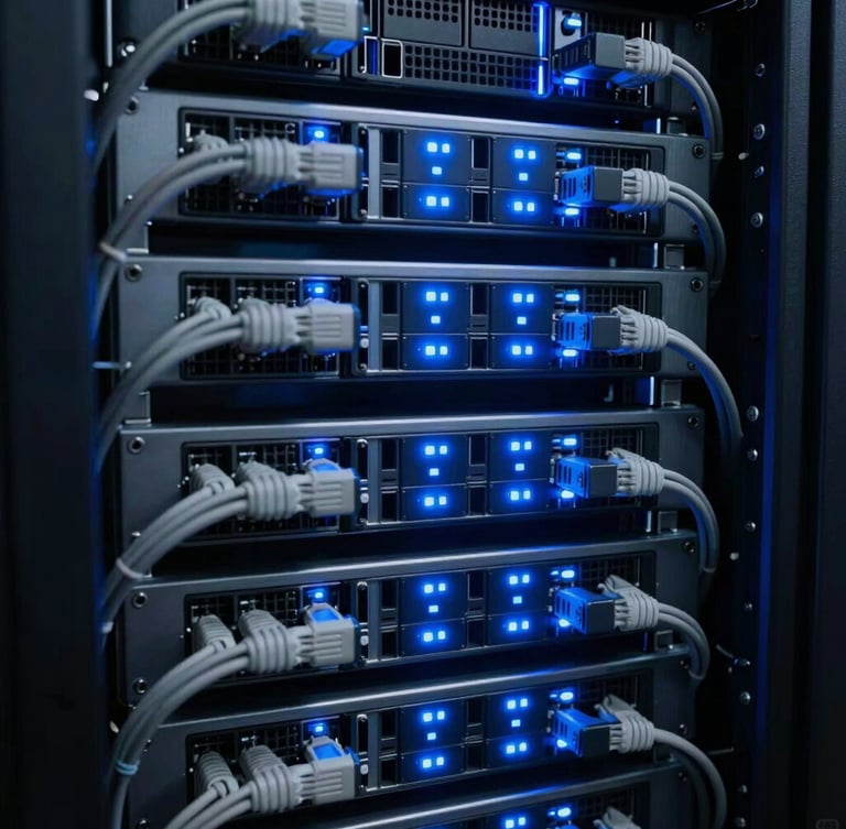 Macro shot of meticulously organized structured cabling and glowing blue LED status lights inside a dark server rack, cool industrial lighting, high-contrast 35mm photography