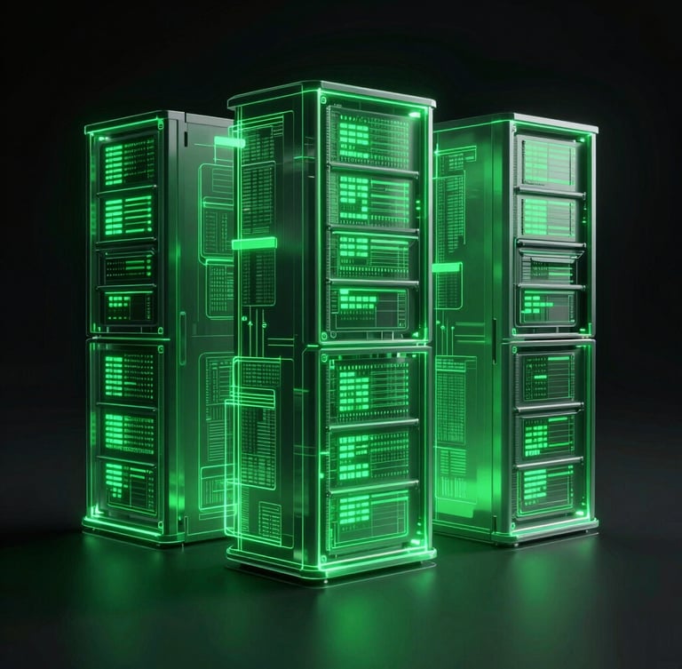 futuristic 3d render, glowing neon green holographic data visualization of complex server architecture, absolute dark background, glassmorphism, octane render, sharp focus