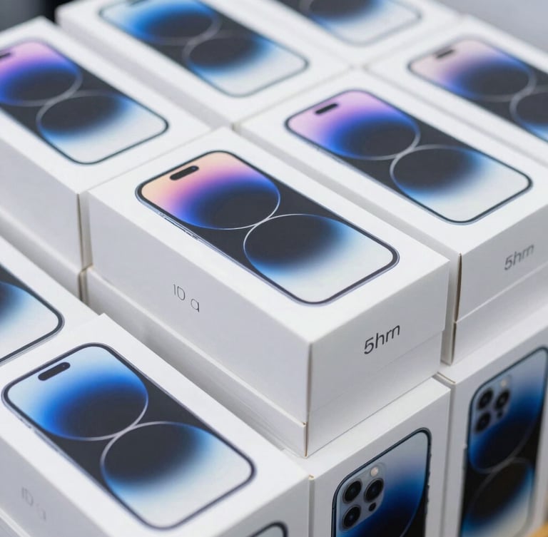 Sharp macro shot of sealed premium smartphone retail boxes stacked neatly in a clean, brightly lit European logistics facility, cool studio lighting, 50mm lens