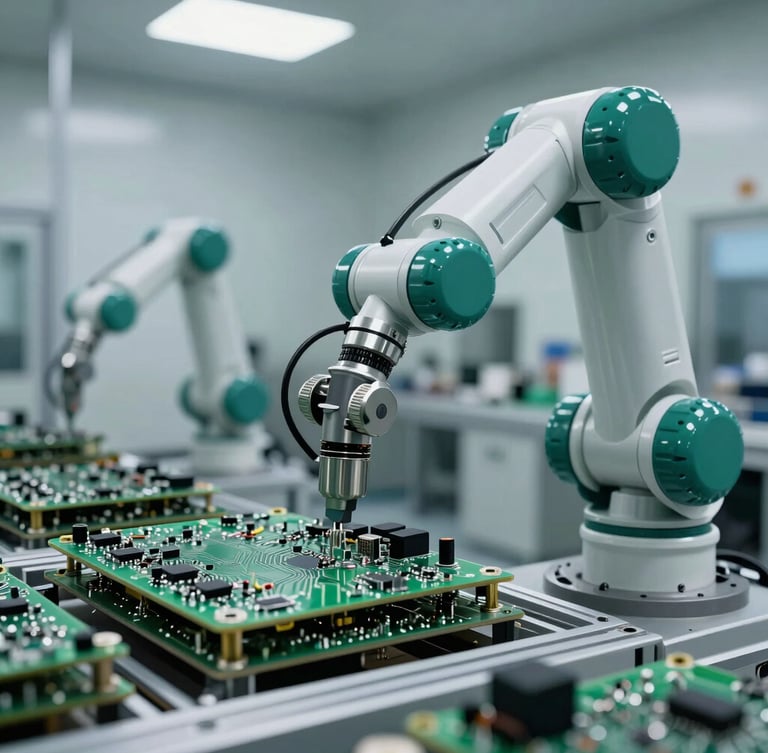 Tight macro shot of a robotic arm sorting circuit boards inside a clean, modern industrial recycling facility, cool clinical lighting with subtle emerald green accents.
