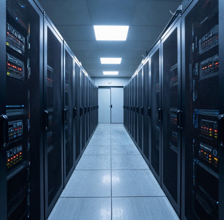 Wide architectural shot of a decommissioned data center corridor with cool blue ambient lighting, empty server racks, and clean steel floors.