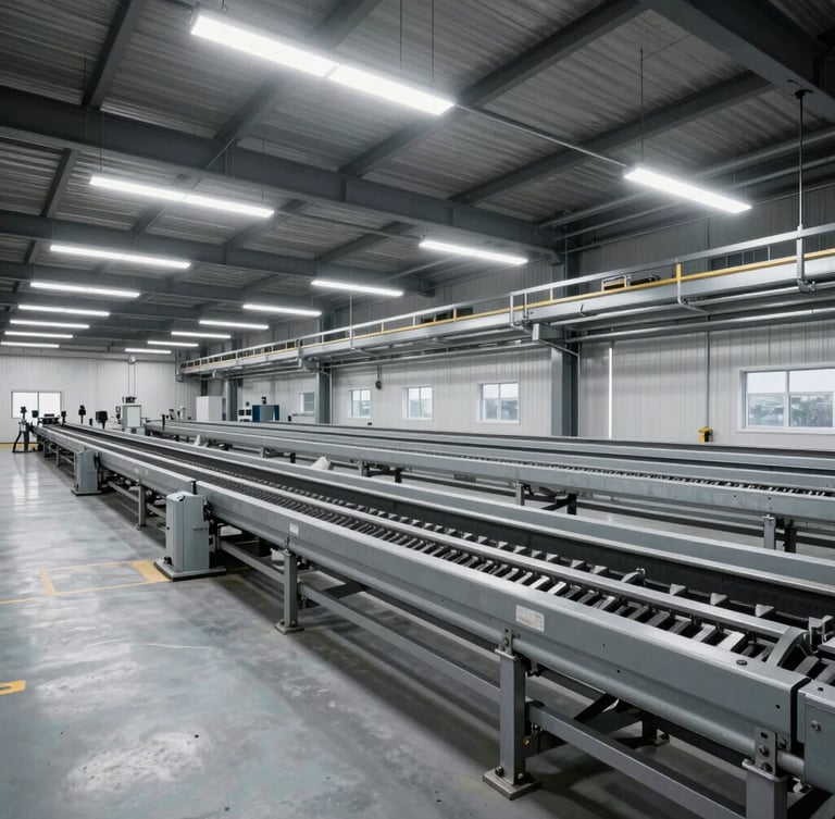 Wide-angle architectural shot of a clean, modern industrial recycling facility floor with clinical LED lighting and steel-gray processing lines.