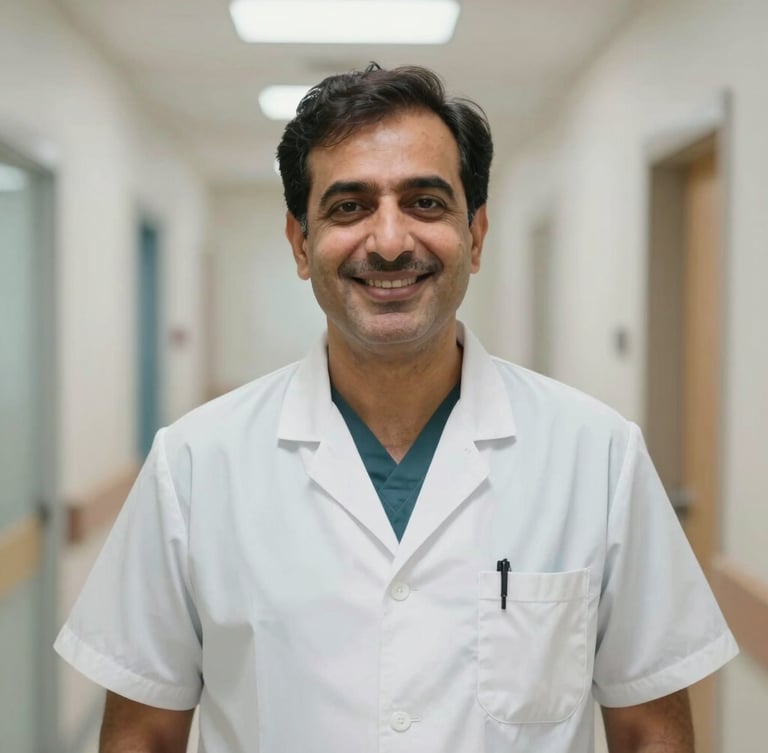 Warm, candid portrait of Dr. Mohammed Imran Ali in clean clinical attire, smiling reassuringly in a softly lit modern clinic hallway