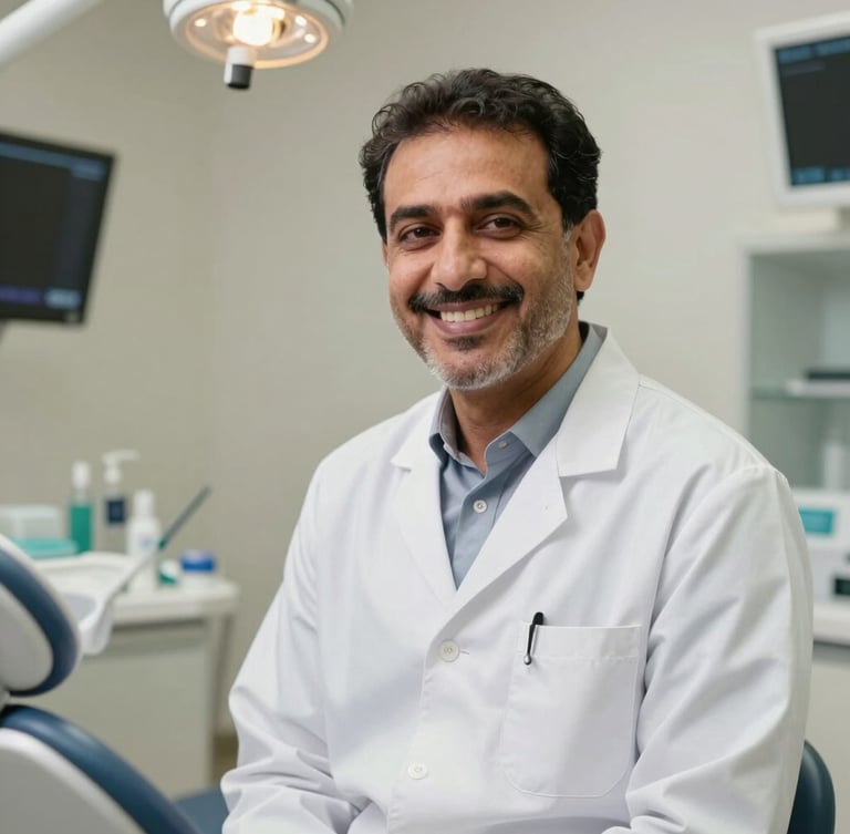 Medium shot of Dr. Mohammed Imran Ali in clean clinical attire, smiling warmly in a softly lit modern dental studio, medical authority, warm lighting.