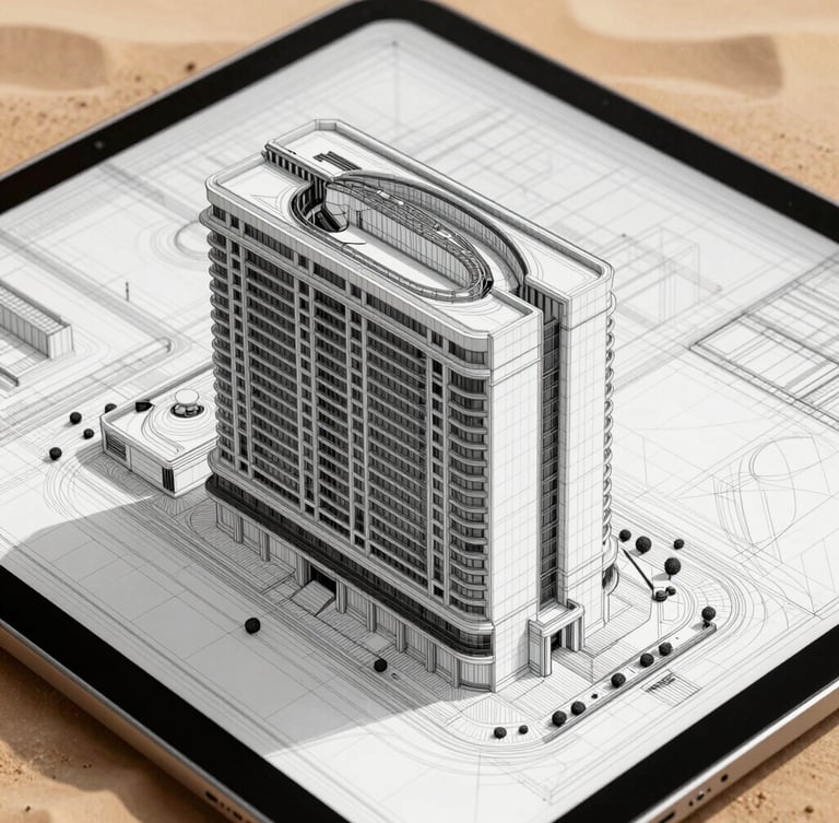 A highly detailed, complex 3D BIM architectural wireframe model displayed on a tablet, with a crisp modern Saudi commercial building facade visible in the background, sharp grid lines, technical blueprint aesthetic, high-contrast lighting.
