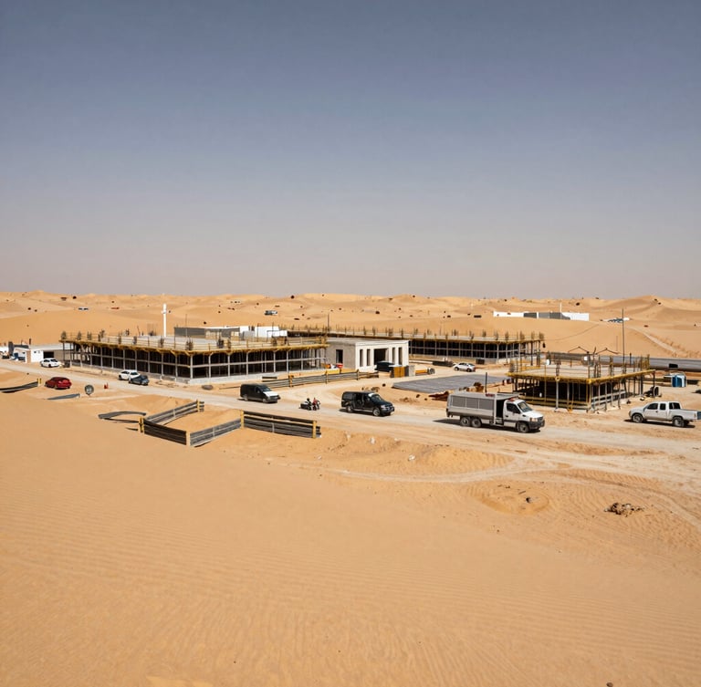 Wide-angle architectural shot of an active, highly organized construction site in Riyadh, crisp desert daylight, warm sand tones.