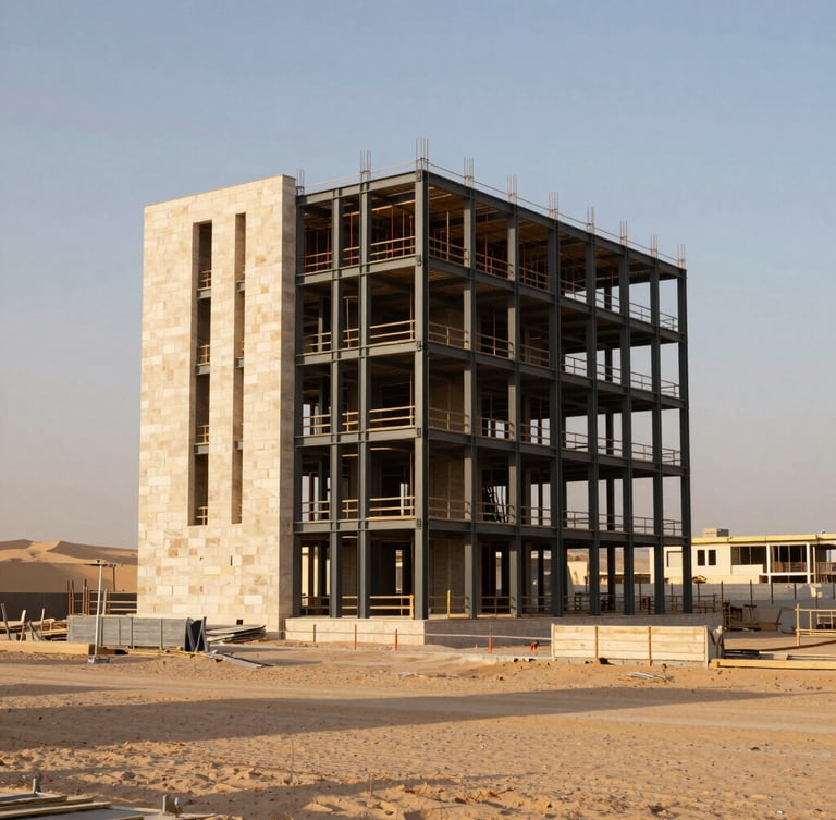 Crisp architectural portrait of a highly organized construction site in Riyadh, detailed structural steel framing adjacent to premium stone cladding, sharp geometric lines, warm late-afternoon desert sunlight.