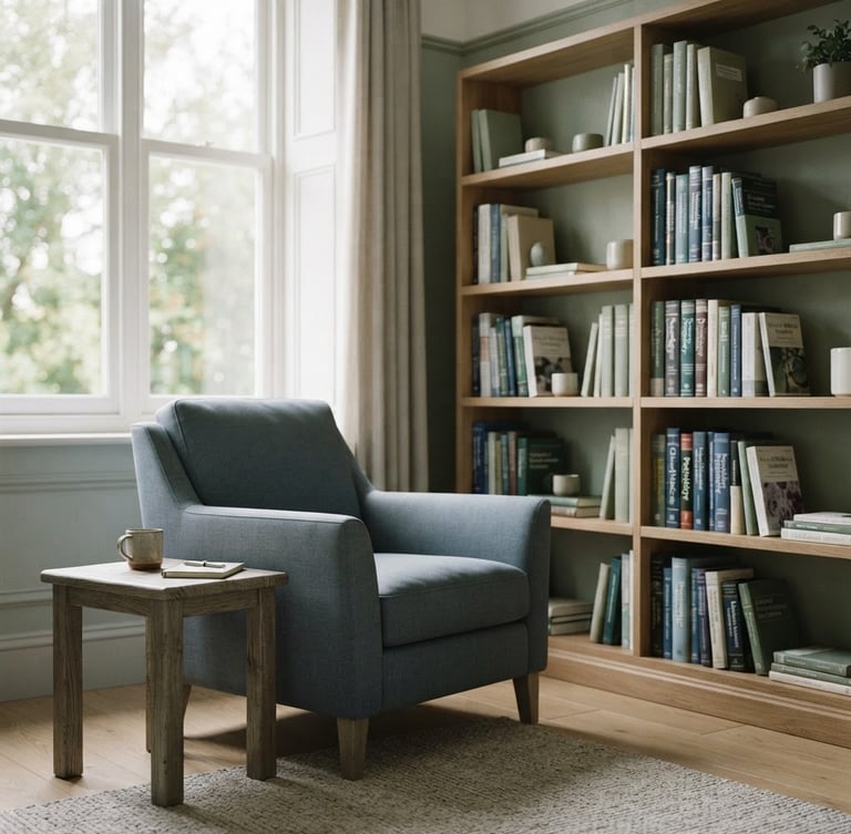 A bright, serene consultation room with soft natural window light, a comfortable armchair, and a bookshelf with medical literature, slate blue tones.
