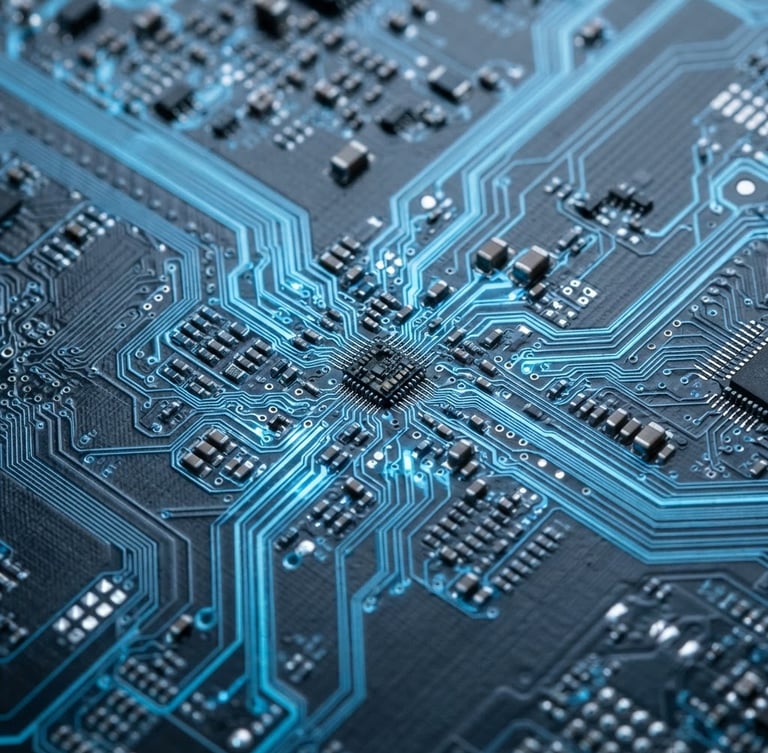 Extreme close-up macro photography of a multi-layer PCB, crisp trace paths illuminated with electric blue backlighting, sharp focus, 50mm lens, cool studio lighting