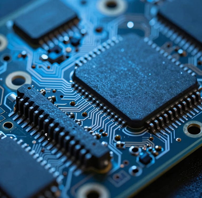 Extreme close-up flat-lay of a multi-layer PCB board, crisp copper traces reflecting cool blue studio light, deep slate substrate.