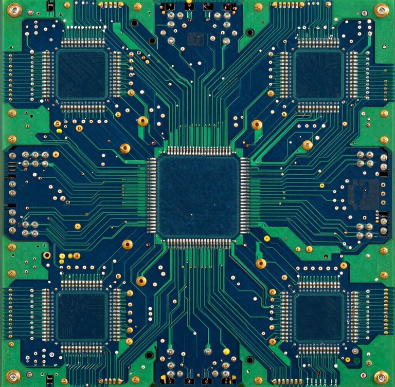 Overhead flat-lay shot of a dense, complex green and blue printed circuit board, highlighting gold-plated solder pads and high-density interconnect lines, sharp technical focus