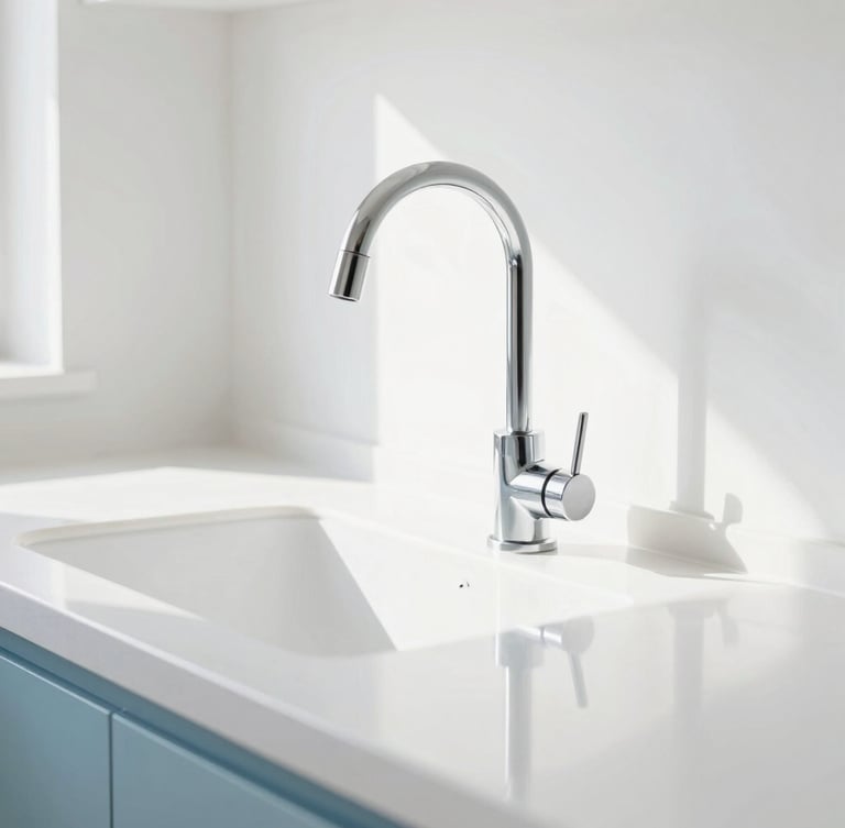 A close-up of a sparkling clean kitchen counter with natural light reflecting off a polished chrome faucet, bright and airy, 35mm lens