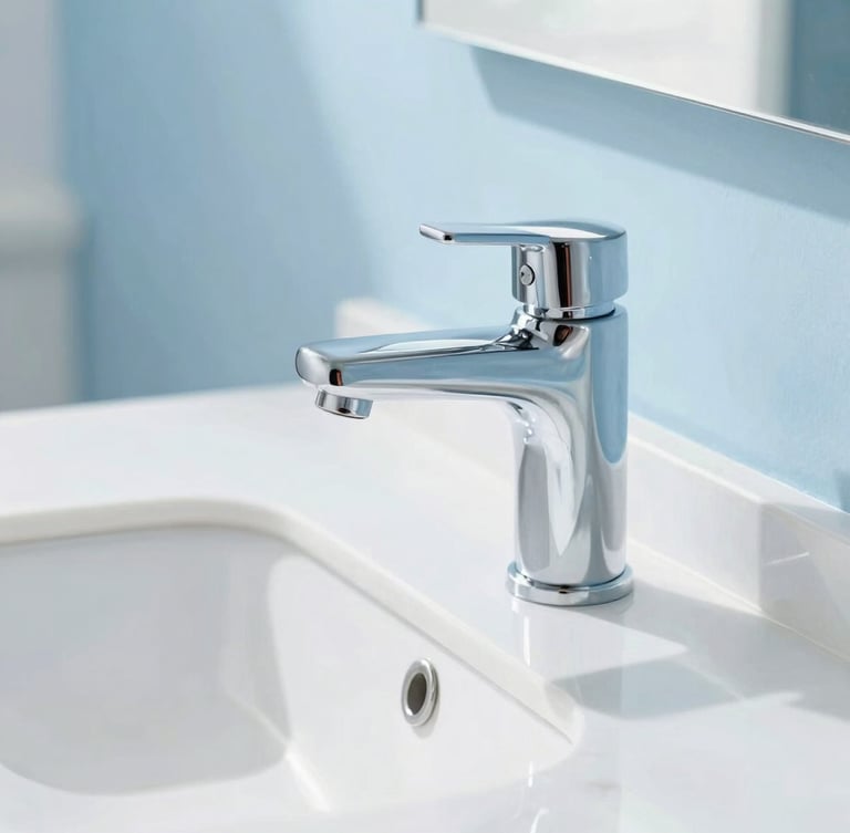 Close-up of a sparkling clean chrome bathroom faucet reflecting bright window light, clean white marble countertop, soft blue accents.