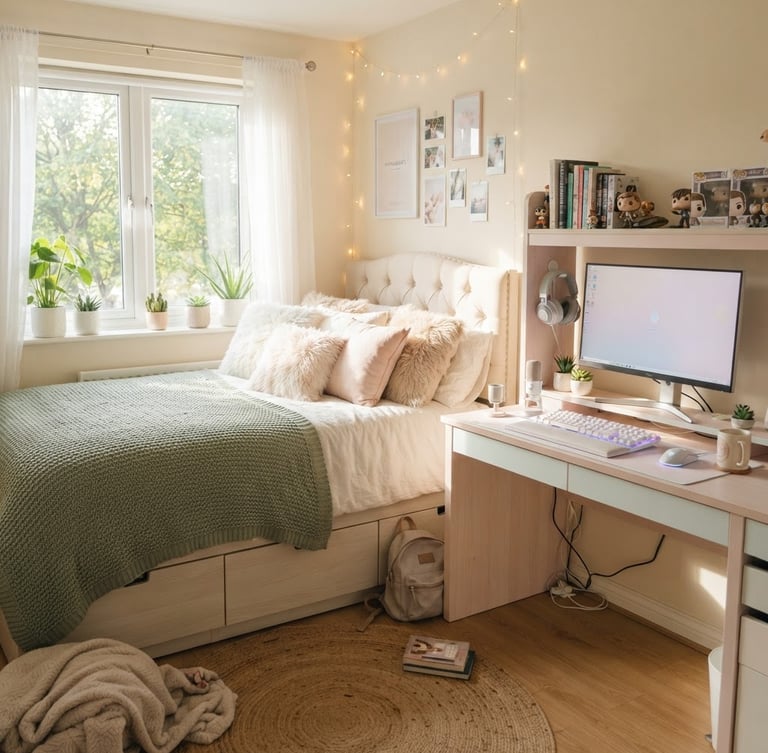 Bright, morning-lit teen bedroom featuring a pastel wood gaming desk with a monitor, and a full-size storage drawer bed with cozy-tactile faux fur pillows, sunlight streaming through a window, organized but lived-in feel.