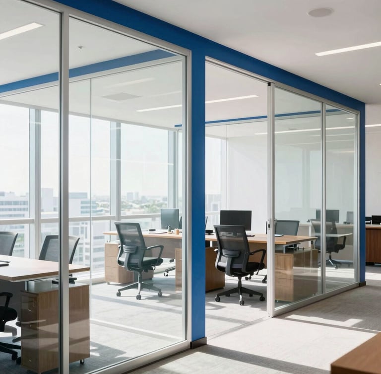 Bright natural daylight illuminating a modern corporate office in Florida, clean glass partitions, soft royal blue accents, architectural lines, 35mm photography