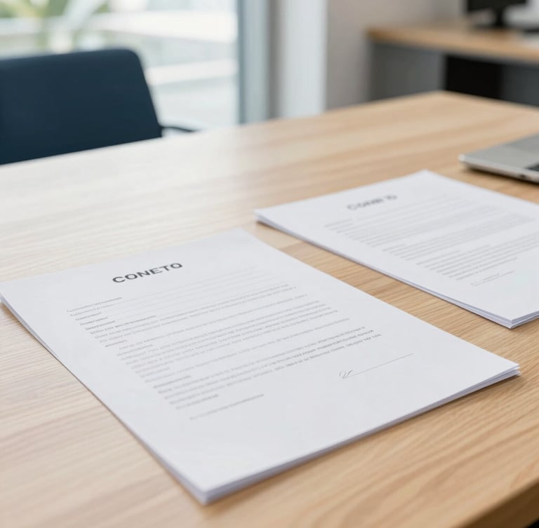 Close-up of signed contracts on a clean light oak table, bright natural Florida daylight, professional and precise atmosphere, 35mm.