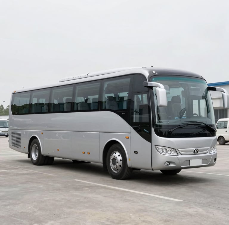 Three-quarter profile of a spotless luxury passenger coach parked on clean pavement under bright overcast daylight, professional commercial automotive photography