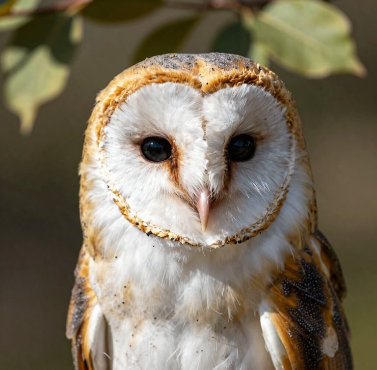 Intimate close-up portrait of a rescued barn owl, warm natural sunlight filtering through leaves, soft outdoor shadows, shallow depth of field highlighting the delicate white and gold feathers around its eyes.