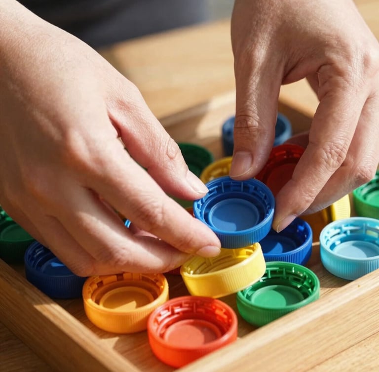Close-up of hands sorting vibrant, colorful plastic bottle caps in a wooden tray, warm natural sunlight casting soft shadows, showing rich organic textures.