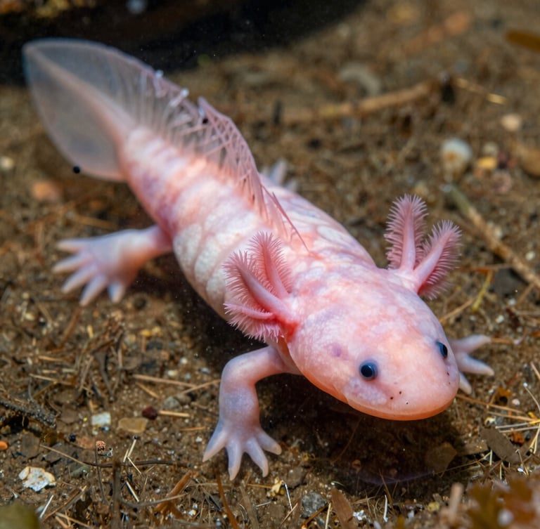 Macro photograph of a pink axolotl floating gracefully in crystal clear water, delicate feathery gills visible, soft natural lighting and organic textures, shallow depth of field.