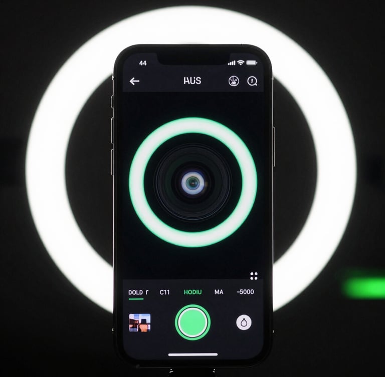 Raw smartphone mockup showing a high-contrast video editing interface, harsh ring light reflection, neon green accent glow, wide-angle lens.