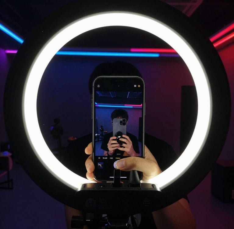 Raw smartphone camera frame with a creator capturing high-contrast behind-the-scenes video under harsh ring light, neon ambient glow.