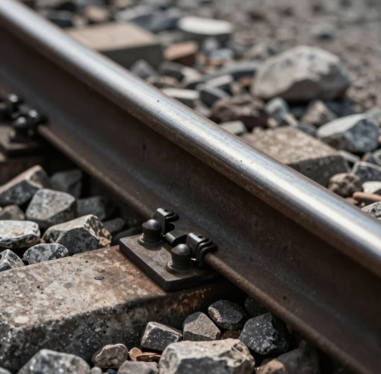 Tight macro shot of welded rail joints and ballast stone, high-contrast lighting emphasizing raw steel texture.
