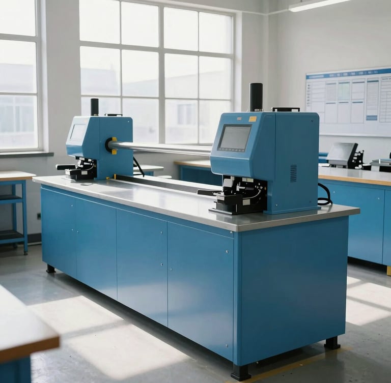 A bright, high-key industrial shop floor with clean slate-blue machinery, daylight streaming from high windows, and a physical visible planning board in the background, cool tones, 35mm