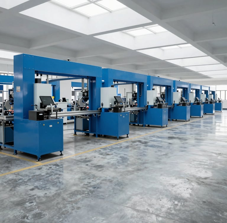 Wide-angle crisp photograph of a clean, modern manufacturing floor with overhead daylight, blue steel machinery, and an empty polished concrete floor, 35mm.