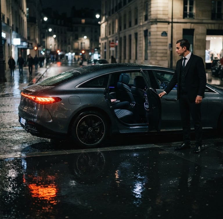 Cinematic side-profile shot of a sleek electric luxury sedan parked on a wet city street at night, glowing orange taillights reflecting on wet asphalt, professional chauffeur in a tailored dark suit holding the rear door open, 35mm photography, dramatic low-key lighting.