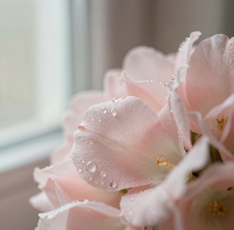 Close-up macro shot of rare pale pink petals with delicate water droplets, soft diffused window light, shallow depth of field, neutral plaster background