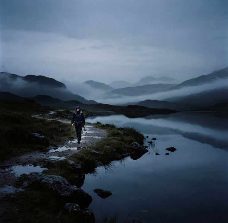 Solitary figure walking through a misty, reflective landscape at dawn, deep indigo and slate tones, 35mm, atmospheric, shallow depth of field, low horizon, figure off-center left.