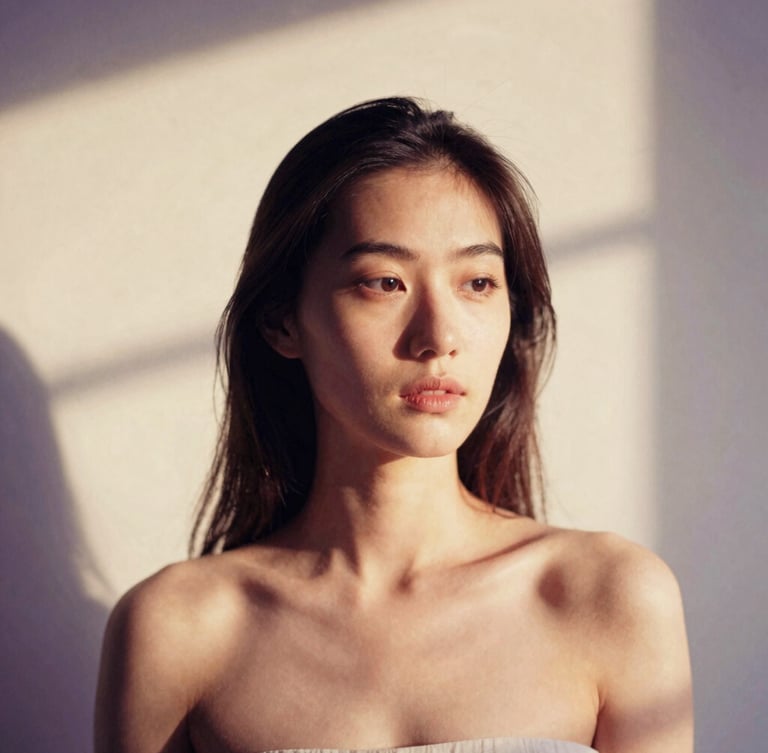 A beautiful, minimalist portrait of a woman in quiet reflection, soft golden-hour light filtering through, warm cream and purple tones, 35mm photography