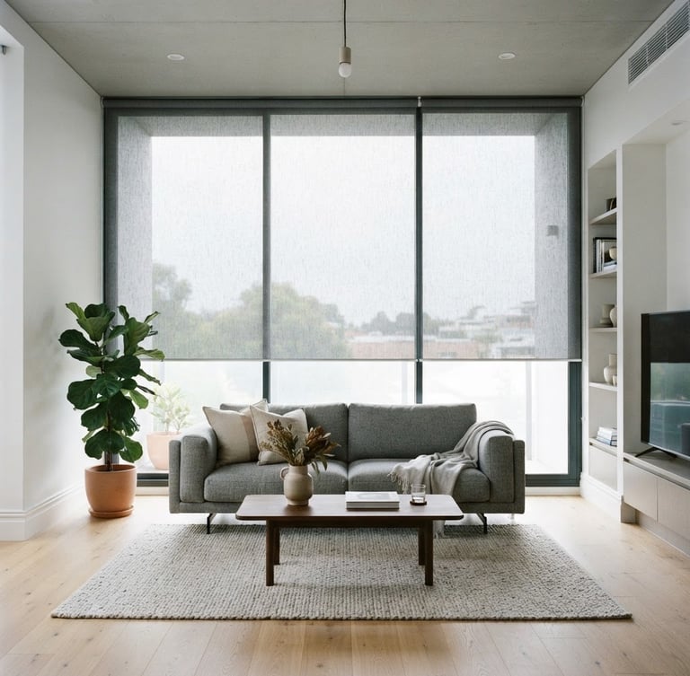 Straight-on architectural shot of a bright modern living room in Canning, natural daylight streaming through a large window with an installed grey roller sunscreen curtain, showing high-quality fabric texture and clean lines, 35mm
