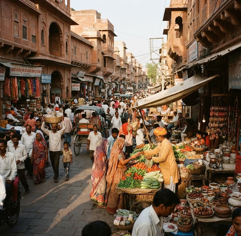 Candid photojournalism of a busy street market in Jaipur, natural sunlight casting long shadows on terracotta sandstone buildings, 35mm film grain