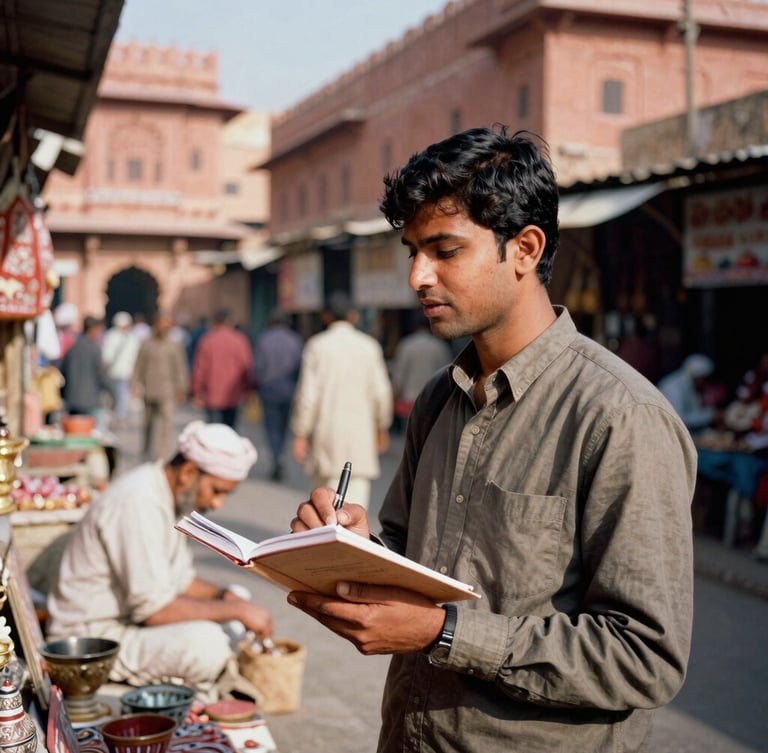 Candid documentary photograph of a young Indian journalist with a notebook talking to a local artisan in a bustling Jaipur market street, warm morning sunlight, terracotta-hued sandstone walls in the background, 35mm film grain style.