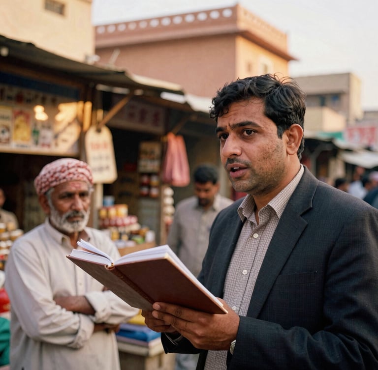 A candid medium close-up of a journalist holding a notebook, speaking with a local shopkeeper in a bustling Jaipur market, warm golden hour light.