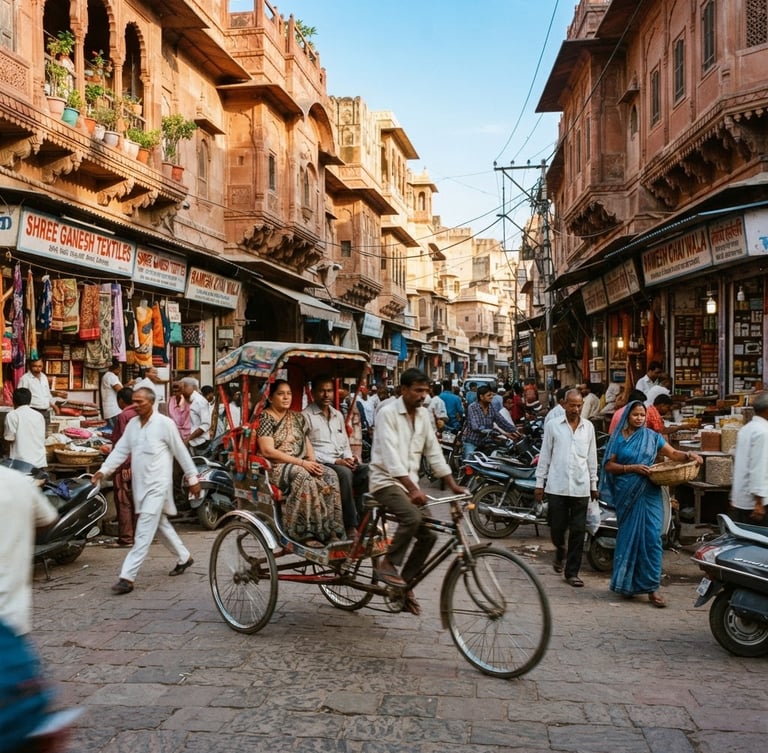 Candid photojournalism of a busy street corner in Jaipur's Walled City, natural morning sunlight hitting terracotta sandstone facades, pedestrians and a cycle rickshaw in motion, 35mm documentary style.