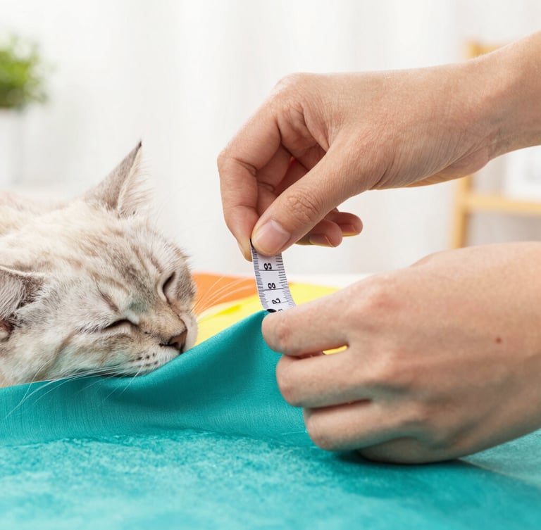 Close-up of hands carefully measuring a colorful teal fabric next to a sleeping kitten, warm soft studio lighting, shallow depth of field